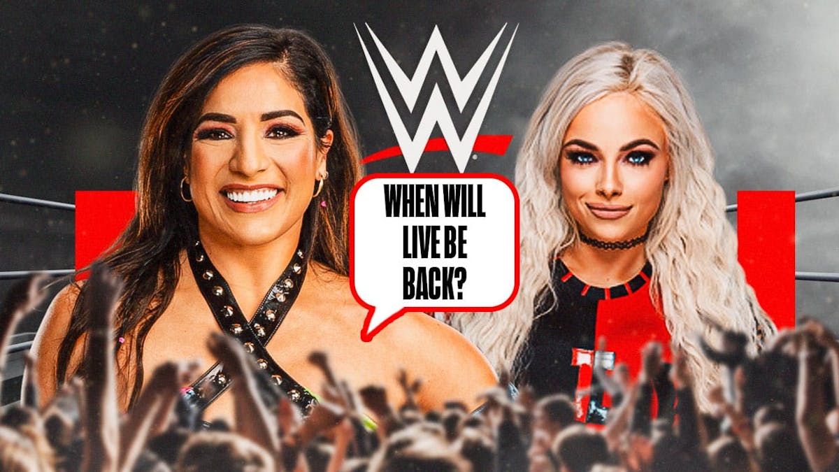 Raquel Rodriguez with a text bubble reading “When will Liv be back?” next to Liv Morgan with the RAW logo as the background.