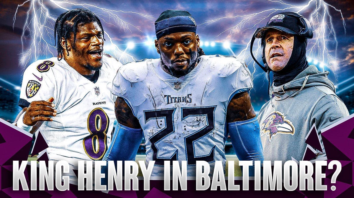 Derrick Henry in the middle with Lamar Jackson, Coach John Harbaugh around him and Thunderbolts in the background.