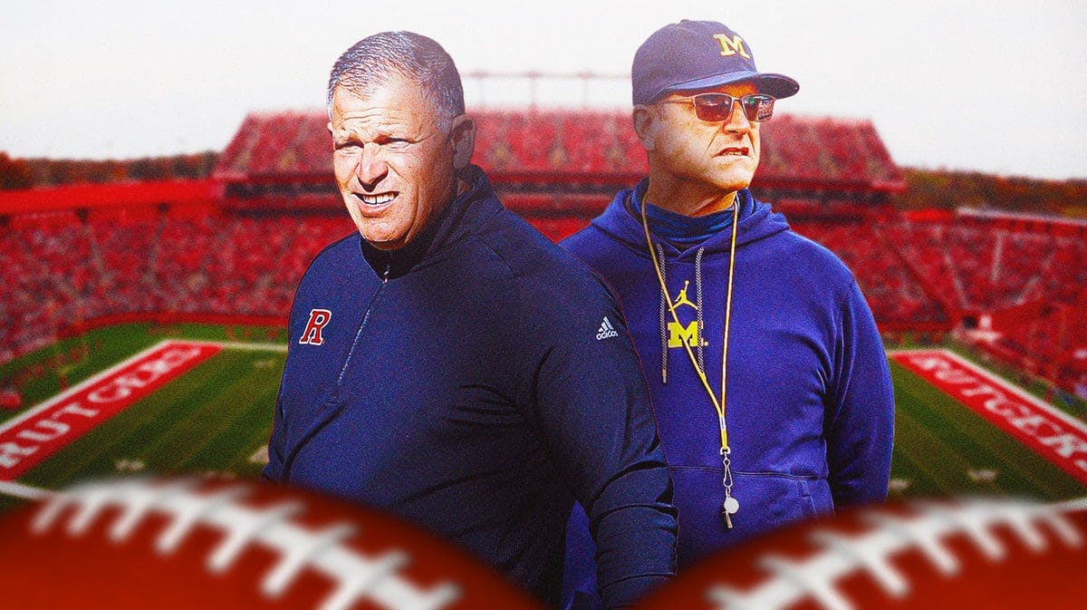 The Rutgers football coach Greg Schiano stands next to Jim Harbaugh and the Michigan football program