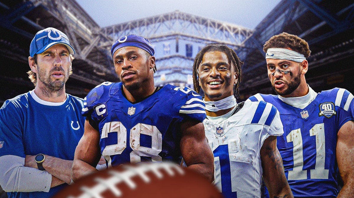 Indianapolis Colts head coach Shane Steichen, running back Jonathan Taylor, wide receivers Michael Pittman Jr. and Josh Downs in Lucas Oil Stadium.