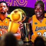 Robert Horry and Shaquille O’Neal, both in LA Lakers uniforms, both holding NBA championship trophy