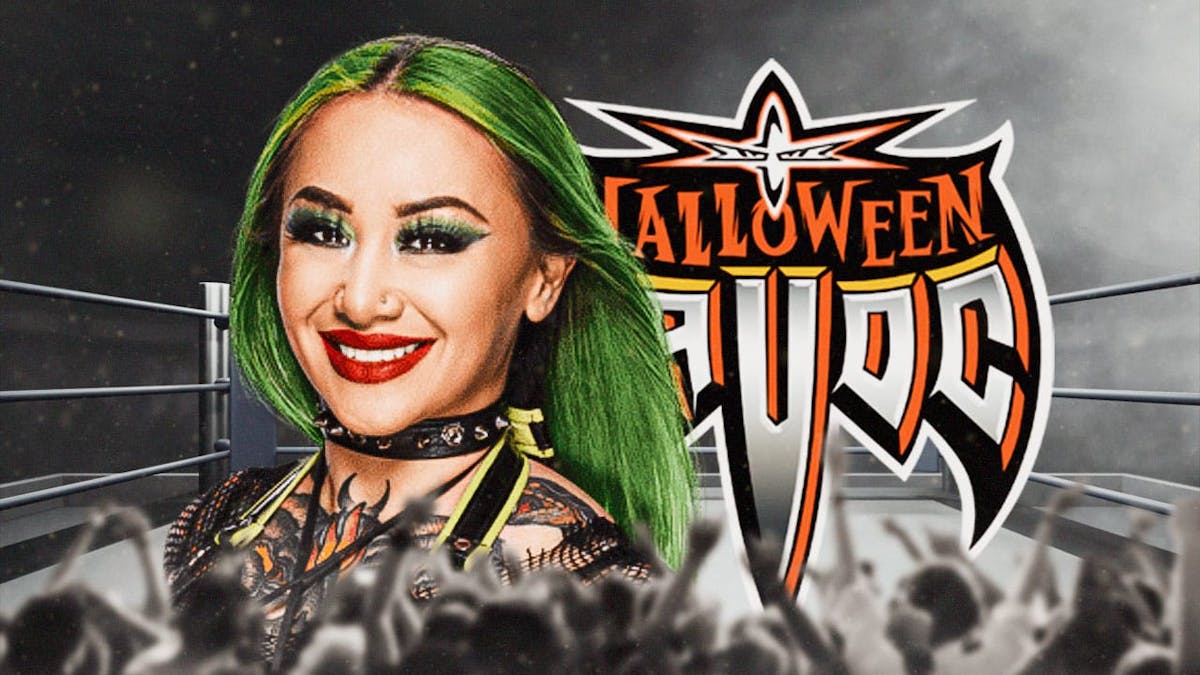 Shotzi Blackheart in a graveyard with the Halloween Havoc logo as the background.
