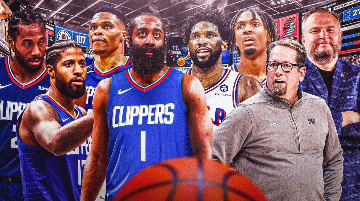 James Harden trade with Clippers Kawhi Leonard, Paul George and Russell Westbrook. Sixers Nick Nurse, Joel Embiid, Daryl Morey and Tyrese Maxey next to Harden