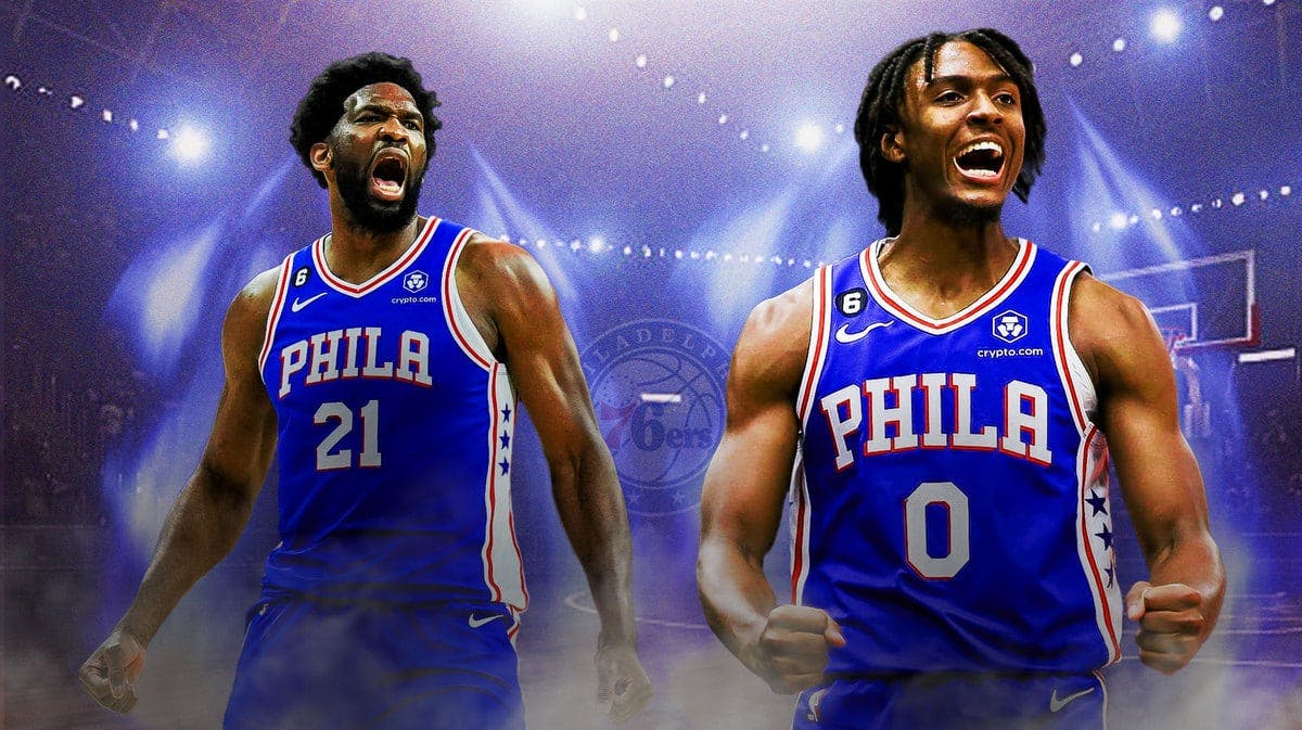 Sixers players Joel Embiid and Tyrese Maxey