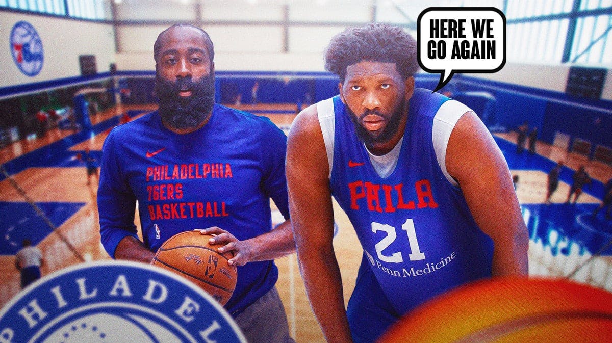 Sixers Joel Embiid saying "Here we go again," standing next to James Harden