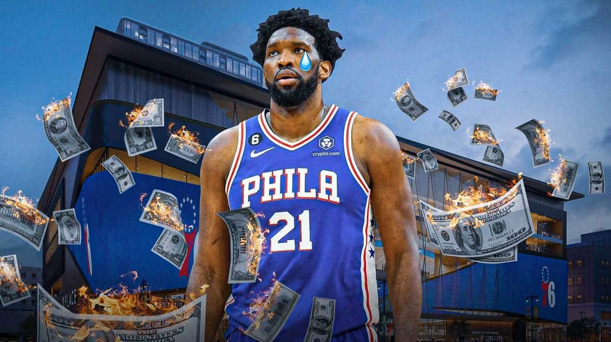 Sixers' Joel Embiid with animated tears and money falling and burning around him