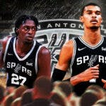 San Antonio Spurs center Victor Wembanyama stands next to Charles Bediako as the team prepares for the basketball NBA season.