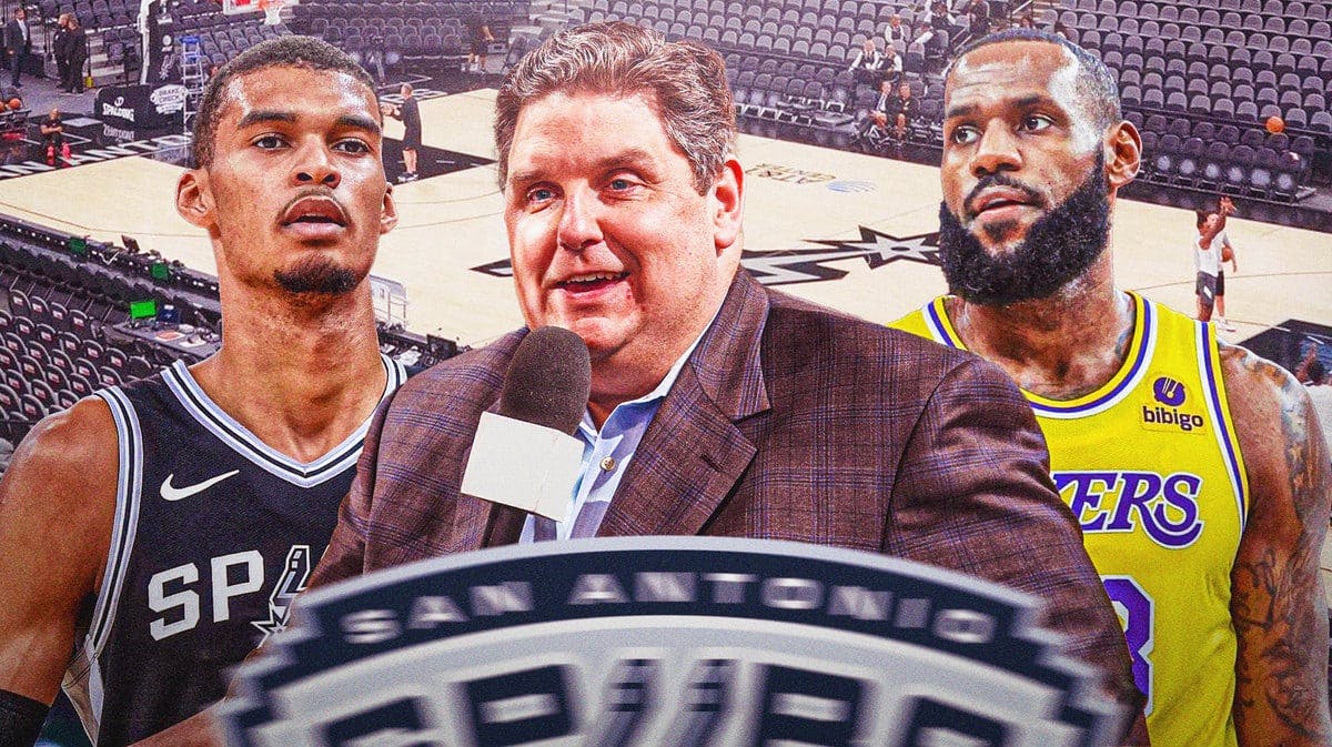 ESPN's Brian Windhorst with San Antonio Spurs rookie Victor Wembanyama and Los Angeles Lakers star LeBron James in front of the Frost Bank Center.
