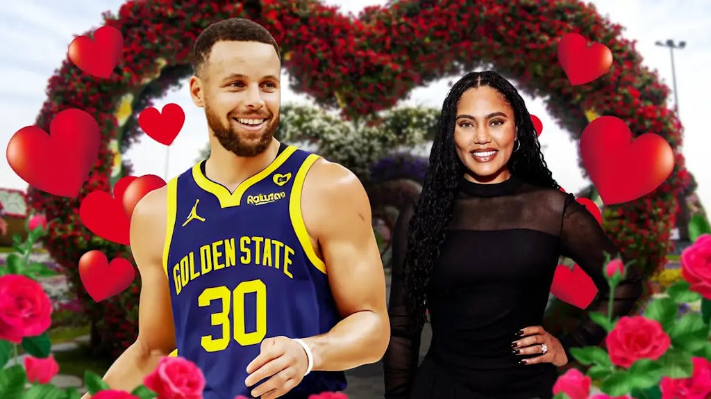 Stephen Curry and Ayesha Curry surrounded by hearts.