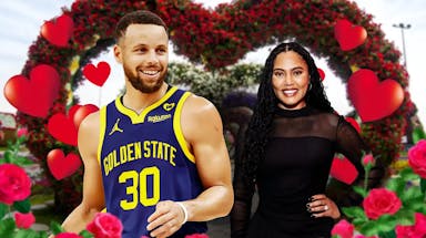 Stephen Curry and Ayesha Curry surrounded by hearts.