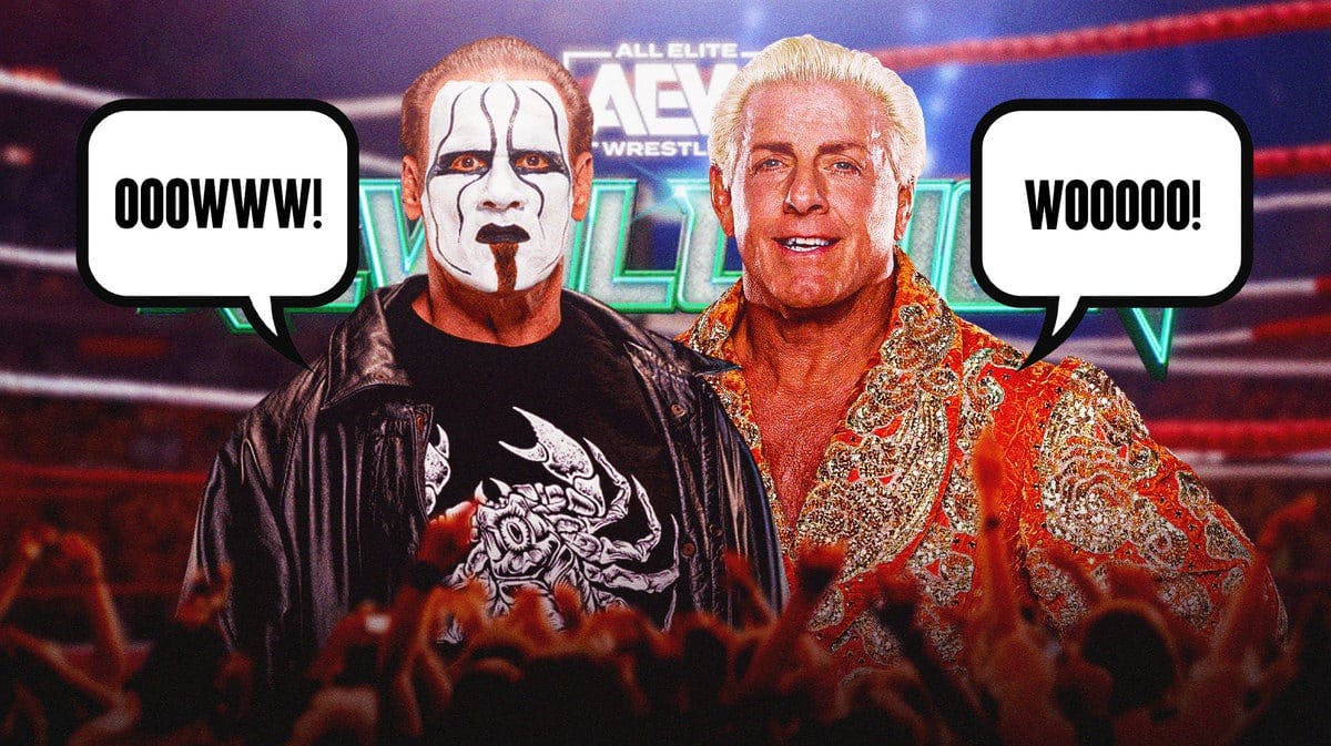 Sting with a text bubble reading “Ooowww!” next to Ric Flair with a text bubble reading “Wooooo!” with the AEW Revolution logo as the background.