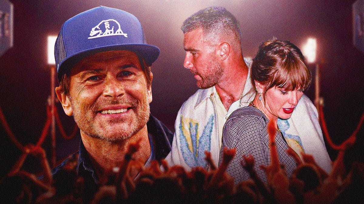 Taylor Swift and Travis Kelce standing close with Rob Lowe looking on