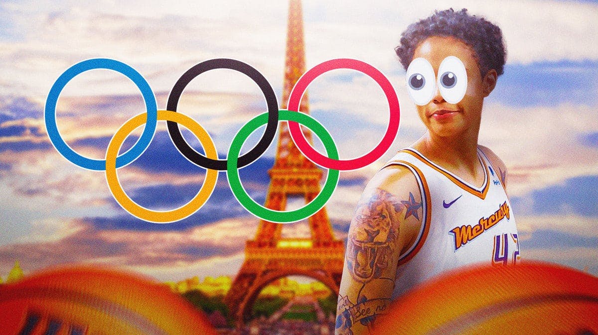 Brittney Griner with the eyeball emojis looking at the Olympic rings with Paris as the background and some closeup of basketballs in the foreground