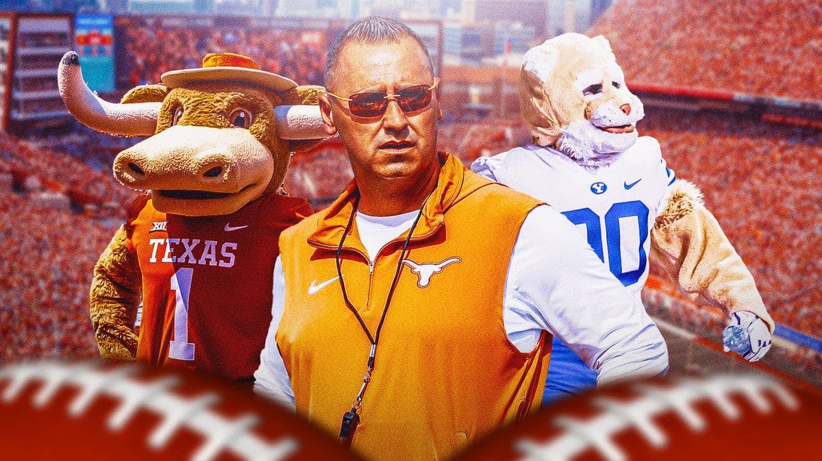 Steve Sarkisian with the mascots of his alma mater (BYU) and the team he currently coaches (Texas)