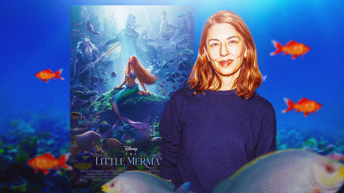 The Little Mermaid poster and Sofia Coppola with an underwater background.