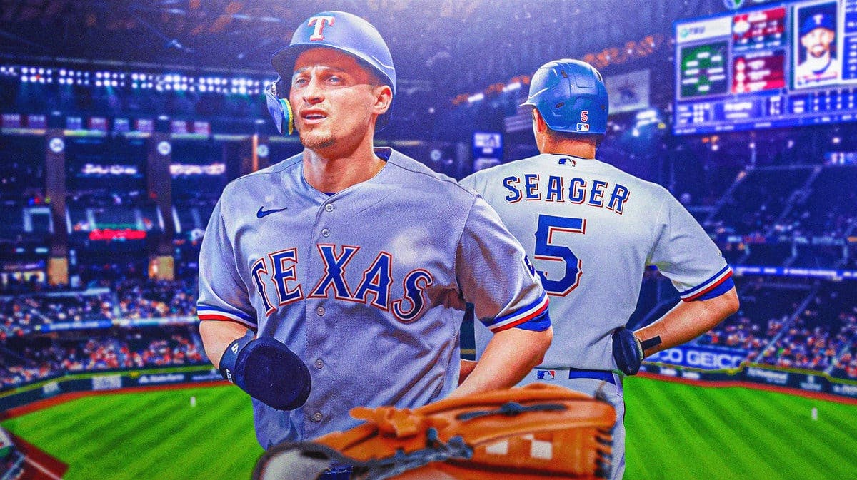 Rangers' Corey Seager with his back turned to viewer, so his jersey and number are showing. Globe Life Field background