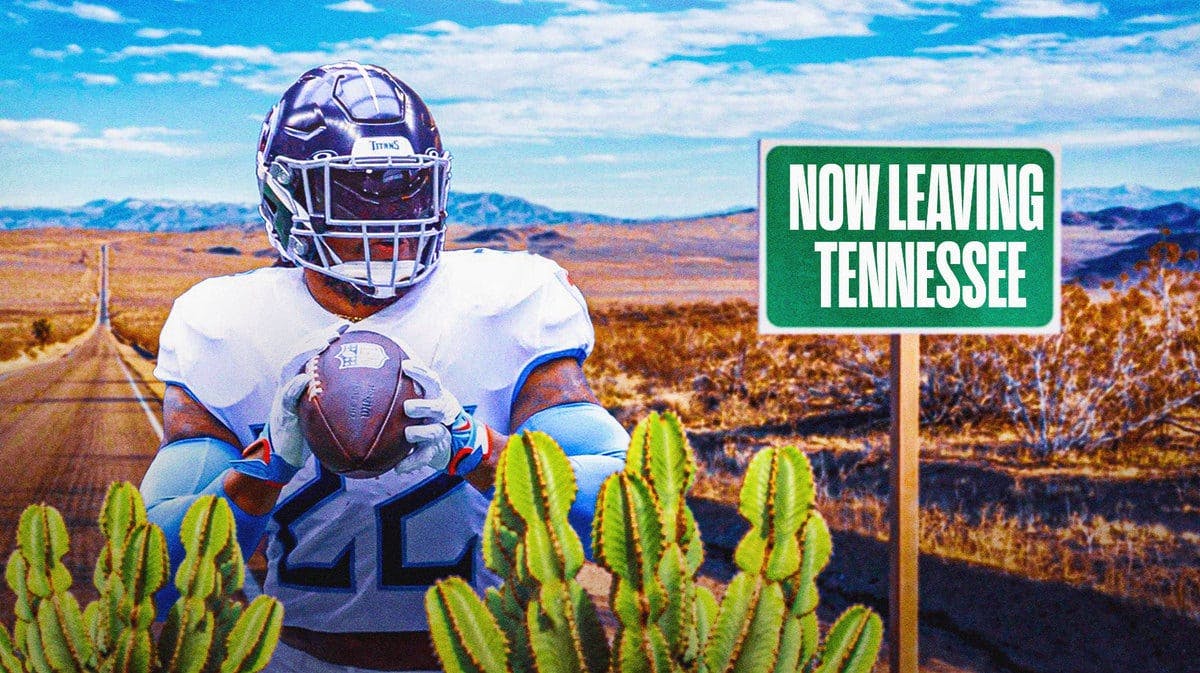 Titans RB Derrick Henry on a highway road next to a "Now leaving Tennessee" sign