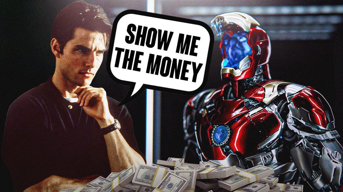 Tom Cruise as Jerry Maguire looking at an empty Iron Man suit and saying "Show me the money"