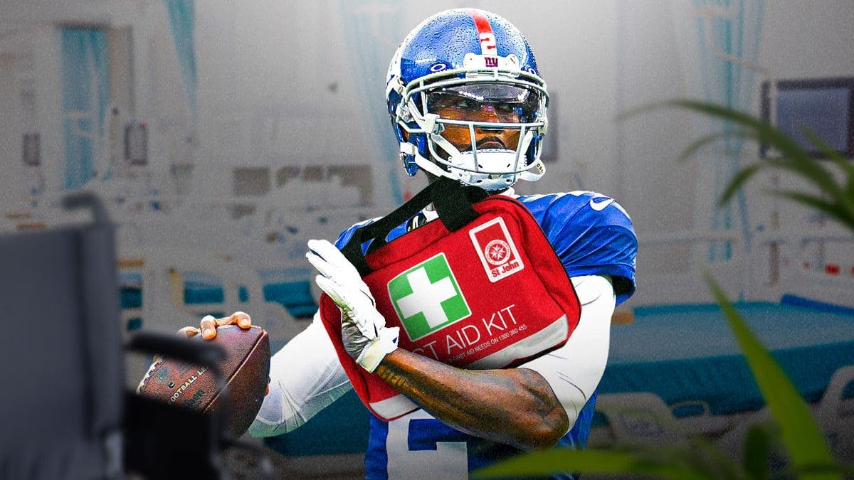 Giants' Tyrod Taylor with first-aid kit. Hospital room in the background