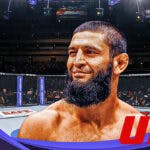 Khamzat Chimaev looks ahead after he tore a ligament in his right hand during his welterweight match against Kamaru Usman at UFC 294.