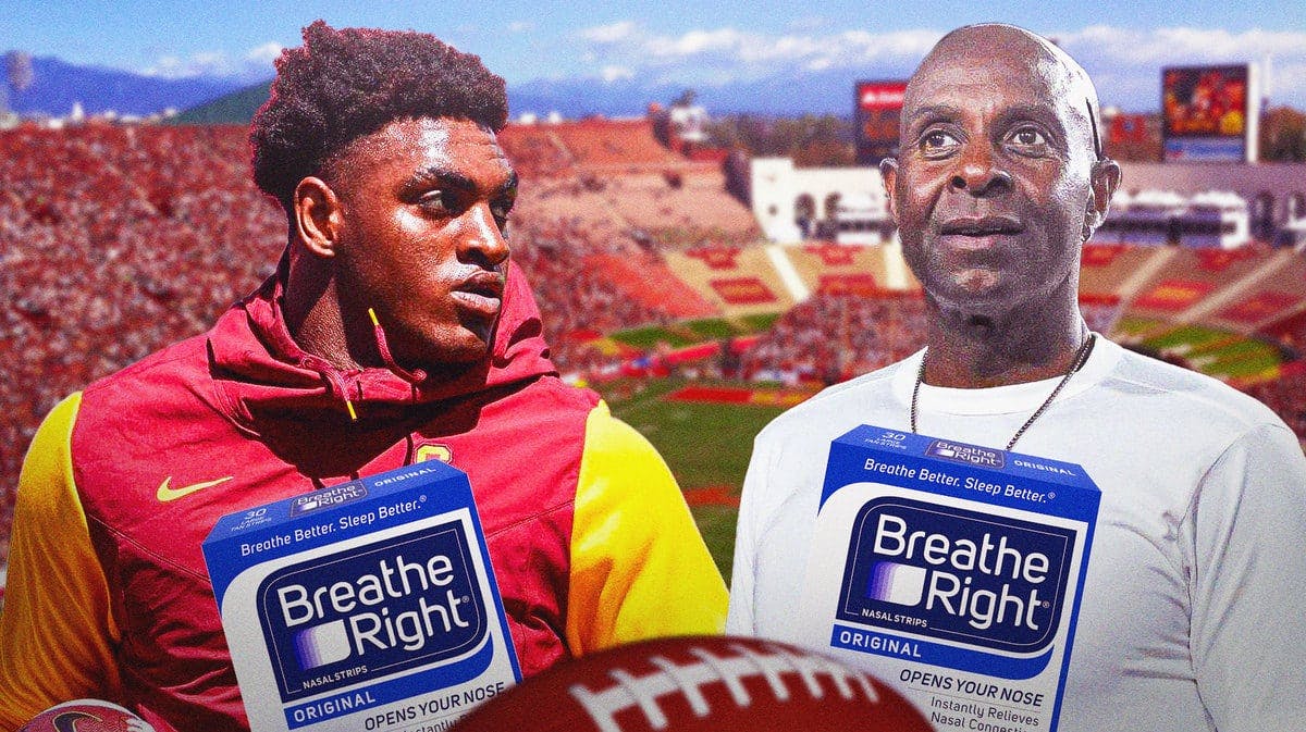 USC football WR Brenden Rice and Jerry Rice holding Breathe Right strips as part of new NIL deal.