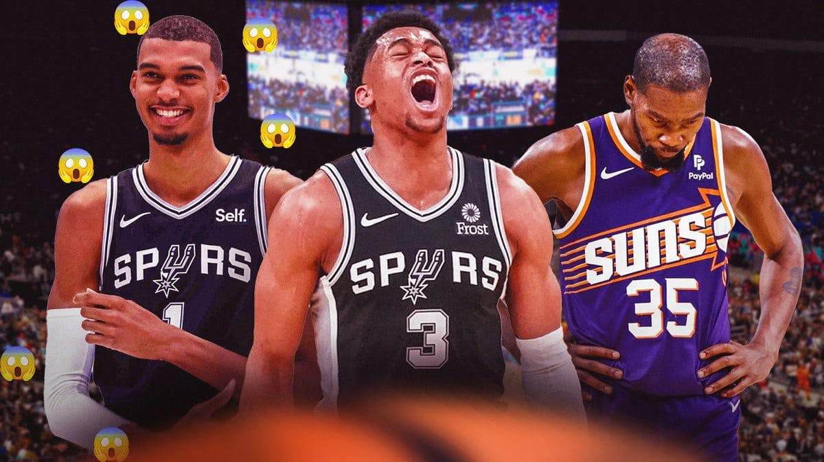 Spurs' Victor Wembanyama smiling, with wow emojis all over him, with Keldon Johnson hyped up in the middle, Suns' Kevin Durant looking defeated on the right