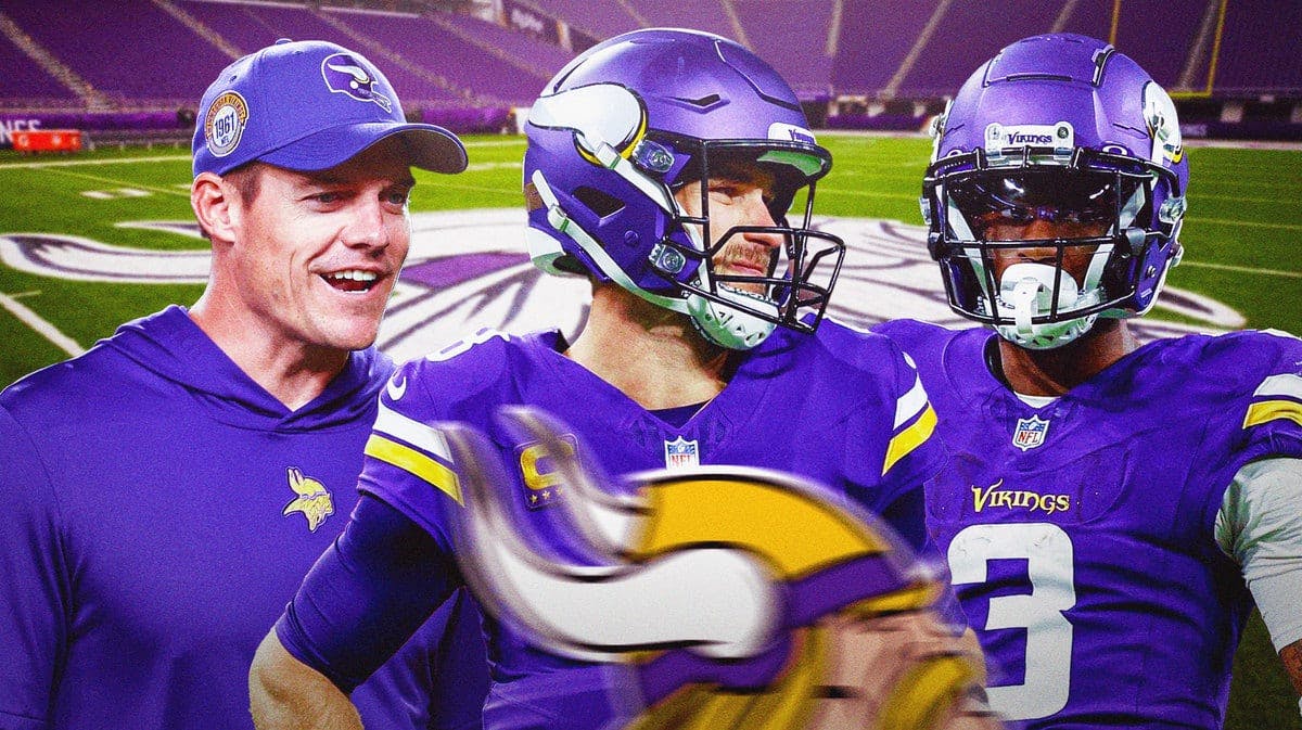 Kevin O’Connell and Kirk Cousins smiling next to Jordan Addison in a Vikings jersey