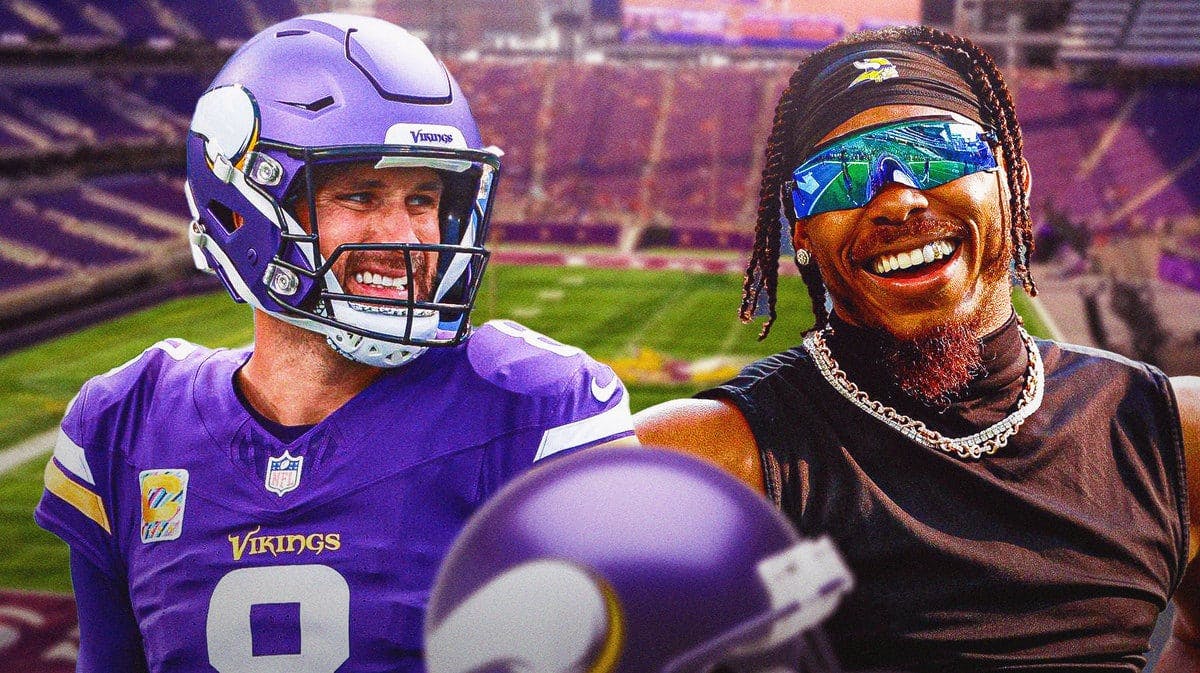 Minnesota Vikings quarterback Kirk Cousins and wide receiver Justin Jefferson celebrating in U.S. Bank Stadium.