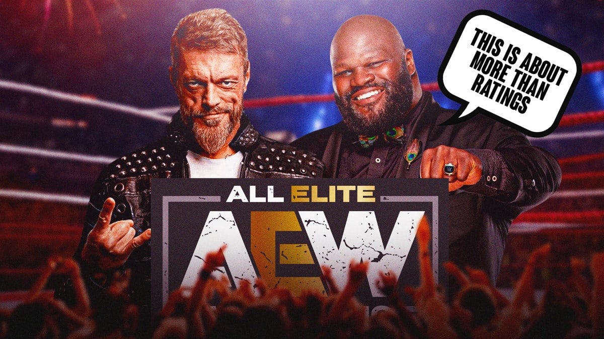 Mark Henry with a text bubble reading “This is about more than ratings” next to Adam Copeland with the AEW logo behind them.