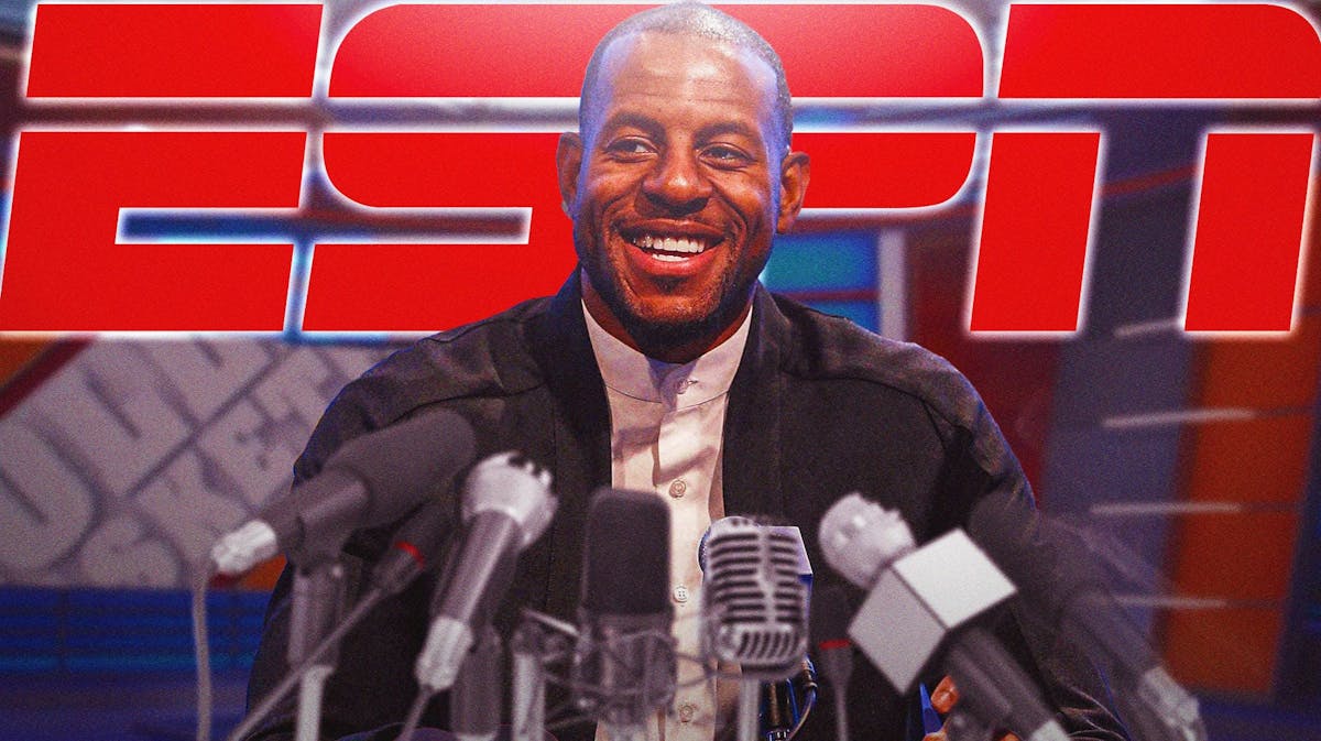 Andre Iguodala in a suit smiling, ESPN logo above him