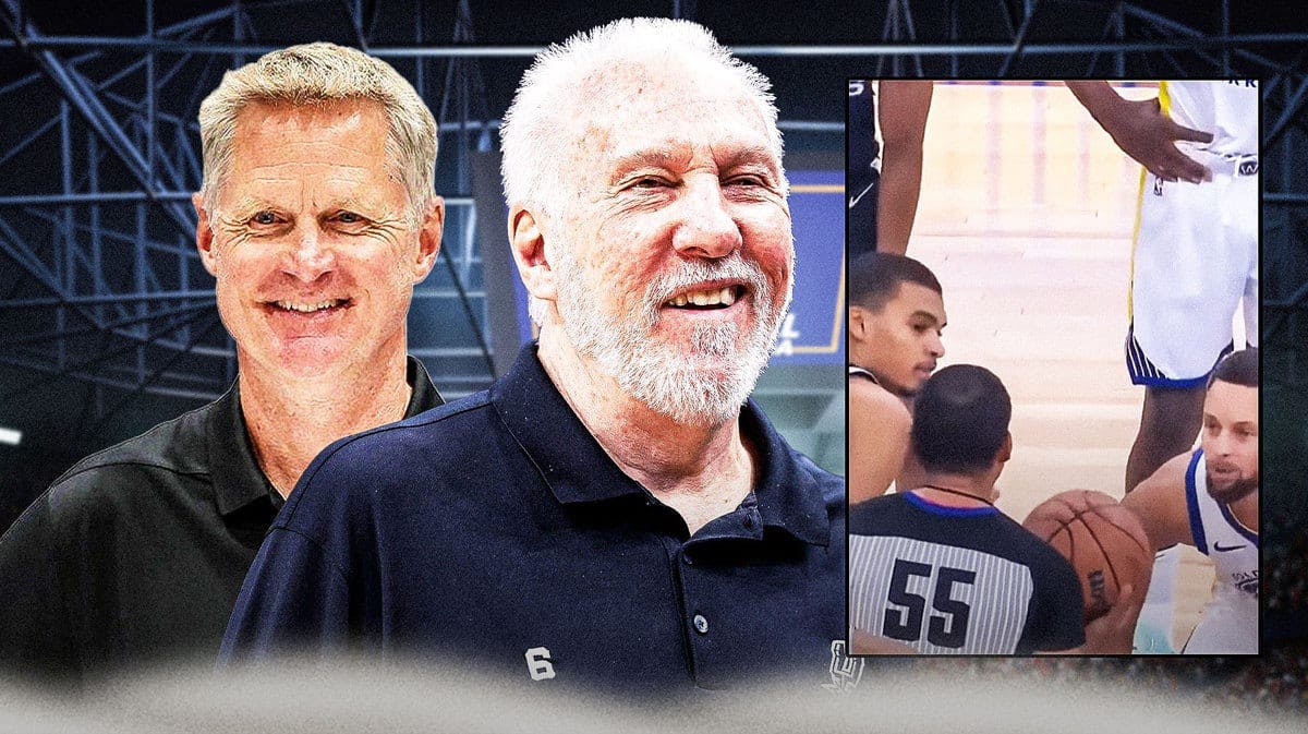 Warriors' Steve Kerr and Spurs' Gregg Popovich laughing, with Stephen Curry and Victor Wembanyama vs. each other in jumpball