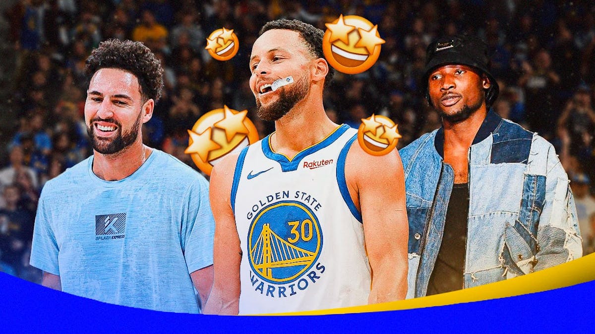 Warriors' Stephen Curry smiling with star-struck emojis around him, while Klay Thompson and Jonathan Kuminga are in casual clothes beside him