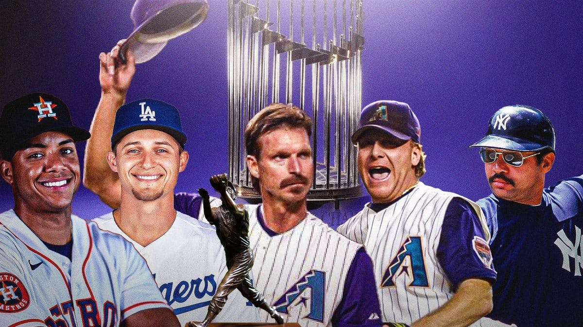 Jeremy Pena, Corey Seager (Dodgers), Reggie Jackson, Randy Johnson (D-Backs), Curt Schilling (D-Backs) all together. Commissioner’s Trophy in background. Willie Mays World Series MVP Trophy in front.