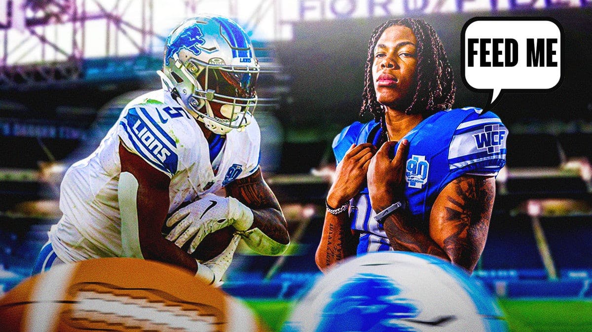 Jahmyr Gibbs smiling with a caption bubble saying “Feed me”. David Montgomery running the football next to him, both of them in Detroit Lions jerseys