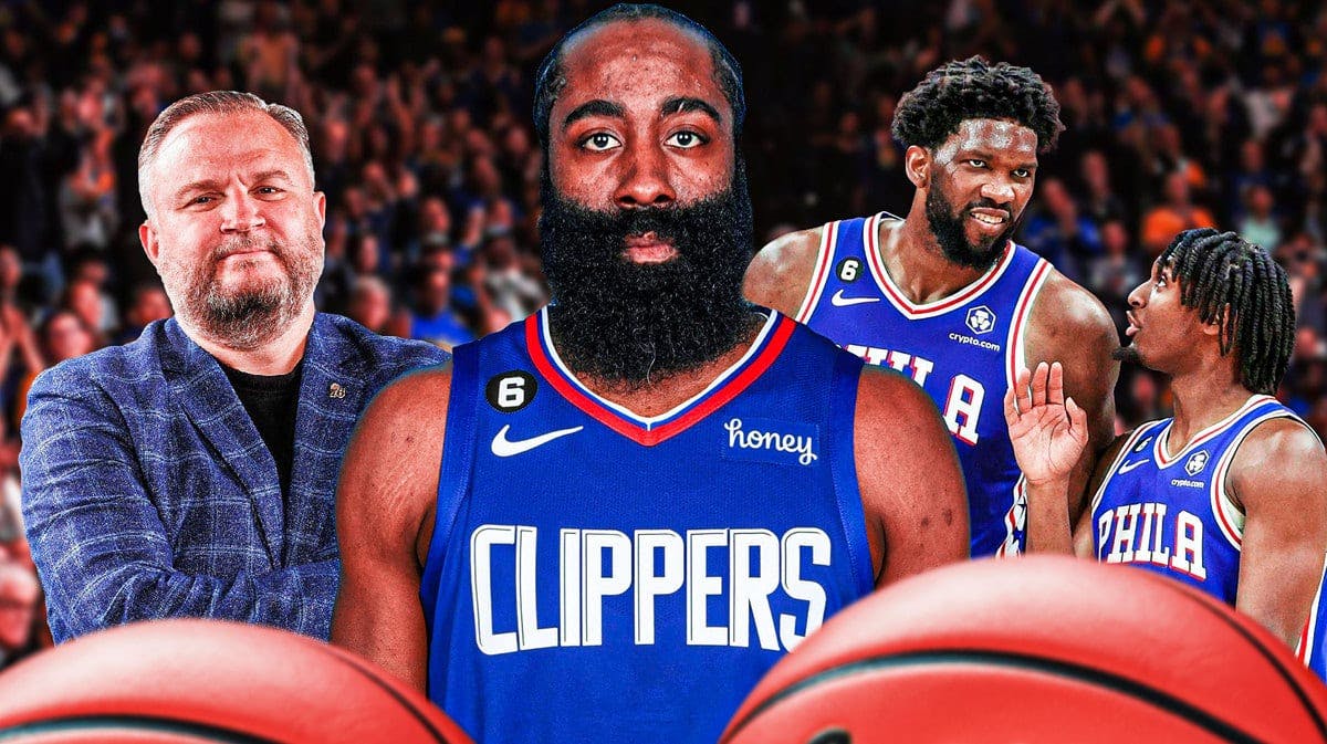 James Harden in the middle smiling in a Clippers jersey Daryl Morey to the right Joel Emiid talking to Tyrese Maxey to the left