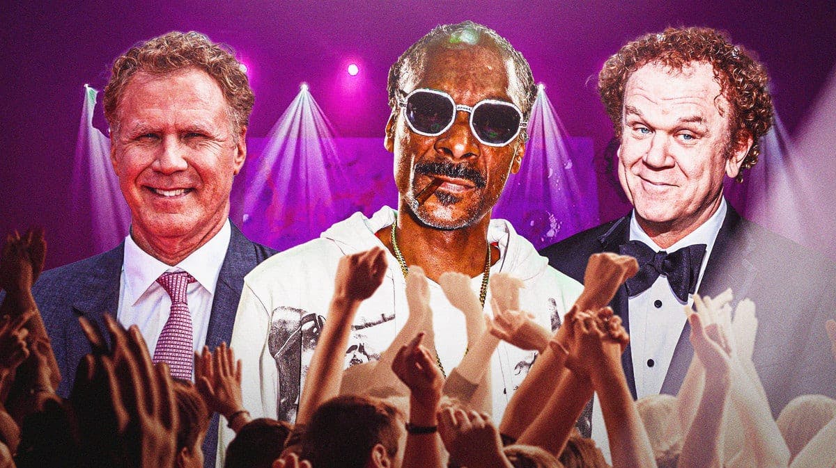 Will Ferrell, Snoop Dogg, and John C. Reilly are performing in front of a crowd.