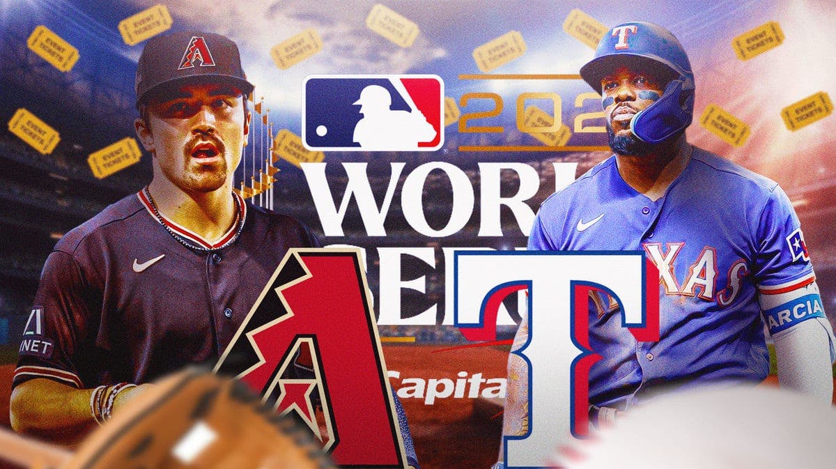 2023 World Series logo in background. Corbin Carroll and D-backs logo, Adolis Garcia and Rangers logo in front. Tickets sprinkled all around the graphic.