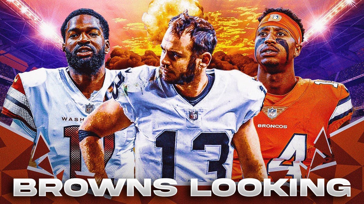 Hunter Renfrow in the middle with Courtland Sutton, Jacoby Brissett around him and explosions in the background.