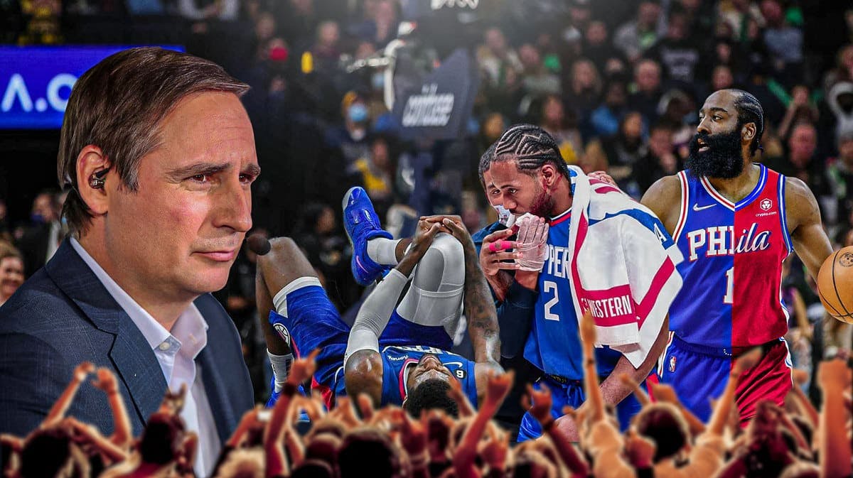 Zach Lowe looking at Clippers' Paul George (2023 knee injury vs. Lu Dort) and Kawhi Leonard (2021 injury vs. Joe Ingles), both on the left, with James Harden on the right in a half Sixers/Clippers uni