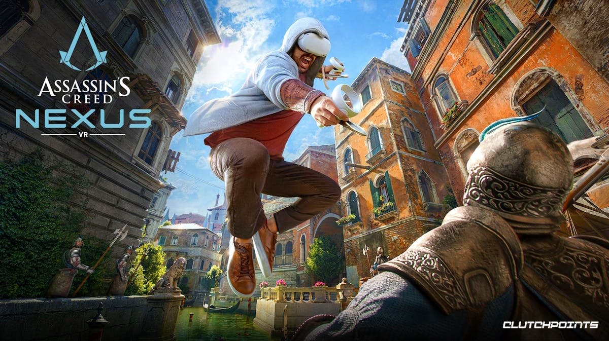 assassins creed nexus, assassins creed nexus vr, assassins creed nexus gameplay, assassins creed vr gameplay, assassins creed, Assassins Creed Nexus official promo image with a man in a hoodie and vr equipment attacking a guard with the game title on the left