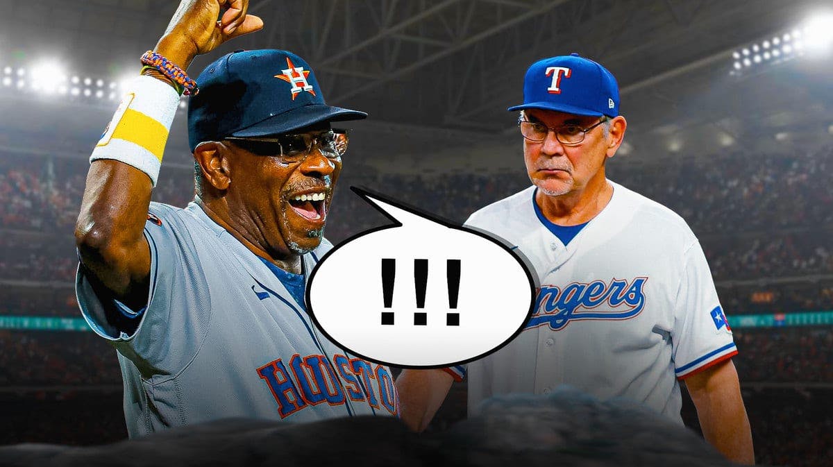 Astros Dusty Baker yelling at Rangers Bruce Bochy with exclamation points in a speech bubble