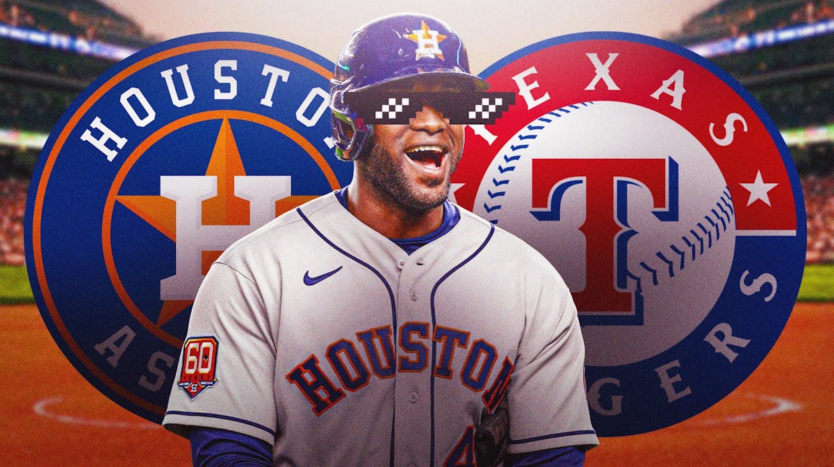 Houston Astros, Yordan Alvarez, MLB, Alvarez looking into distance with sunglasses, the logos of both the Houston Astros and Texas Rangers