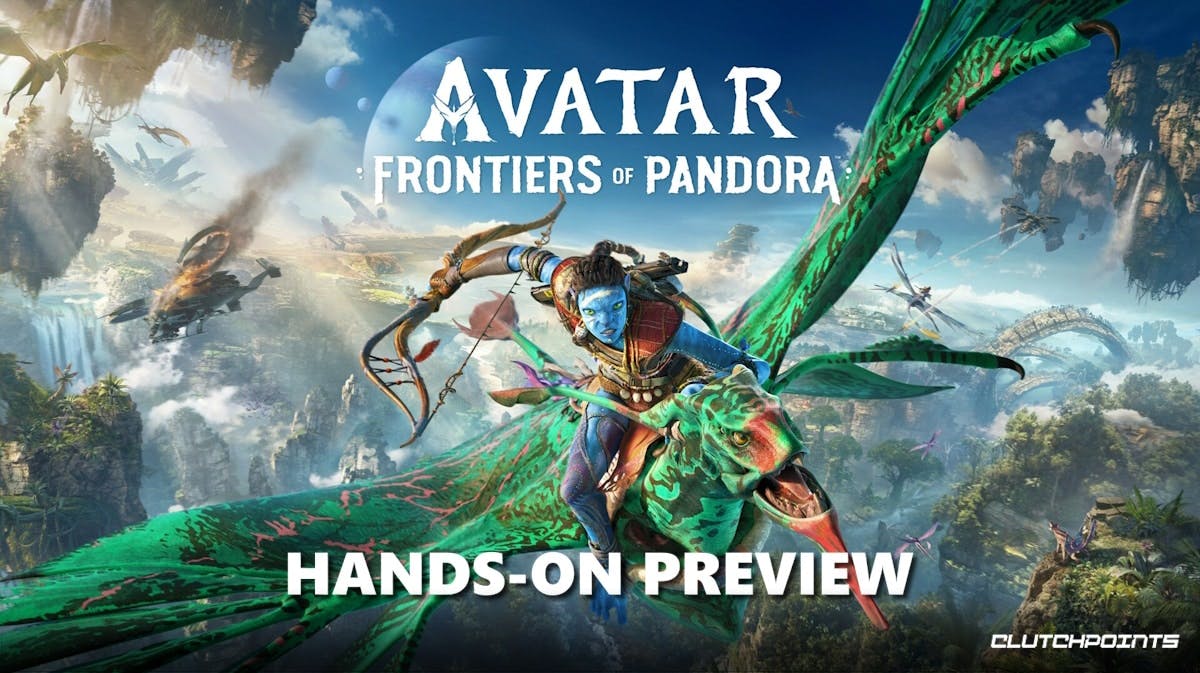 avatar frontiers pandora preview, avatar frontiers pandora gameplay, avatar frontiers pandora story, avatar frontiers of pandora, key art for the game Avater Frontiers of Pandora showcasing a Navi and an Ikran with the words hands-on preview at the bottom of the image