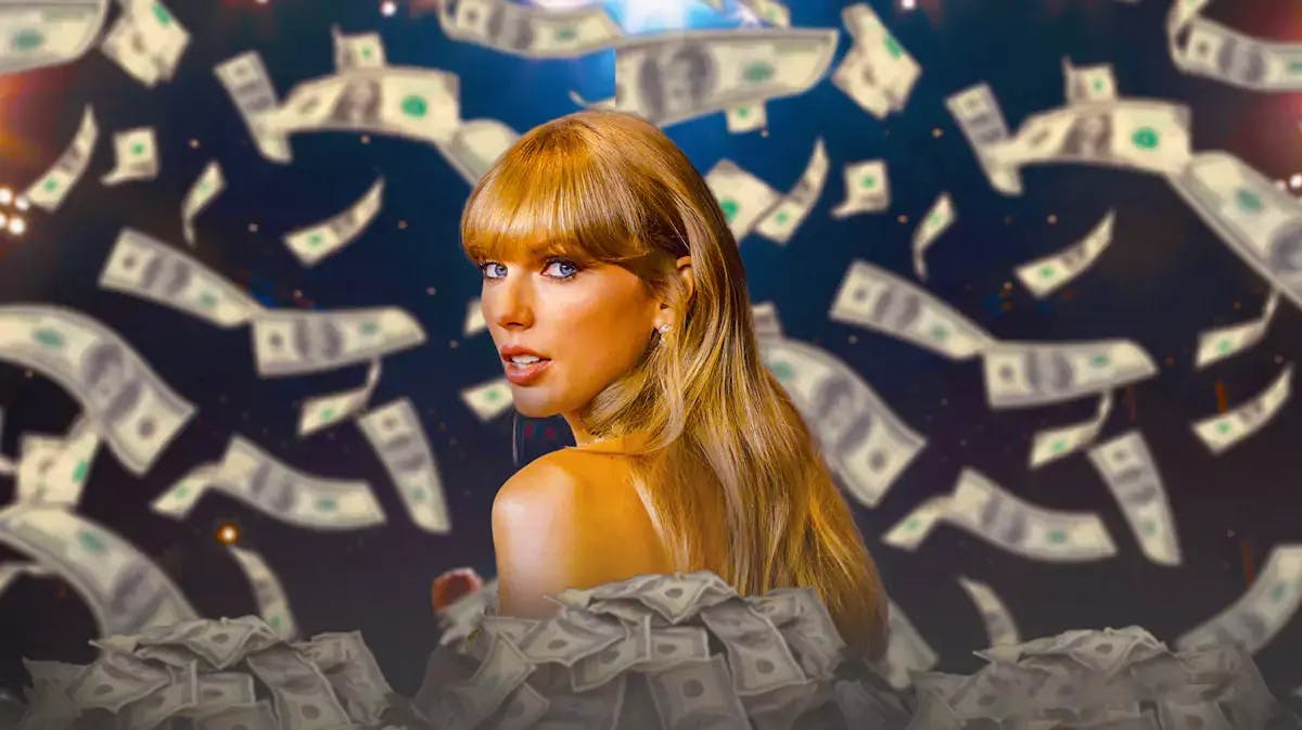 Taylor Swift surrounded by piles of cash.