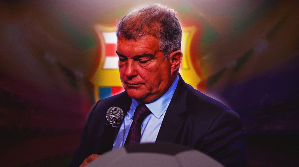 Joan Laporta looking down/sad in front of the Barcelona logo