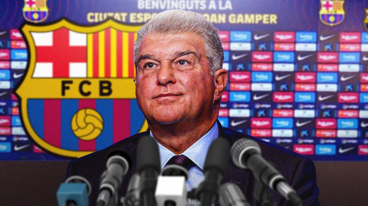 Joan Laporta speaking to the press, the Barcelona logo behind him