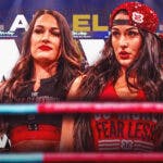 Nikki and Brie Bella in their wrestling gear in front of the AEW logo.