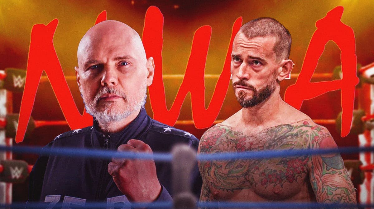 NWA’s Billy Corgan next to CM Punk with the NWA logo as the background.