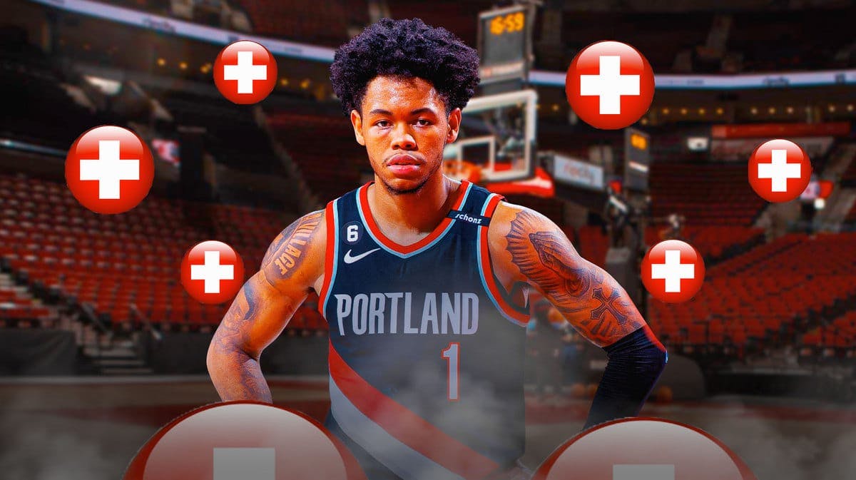 Blazers Anfernee Simons with red medical symbol