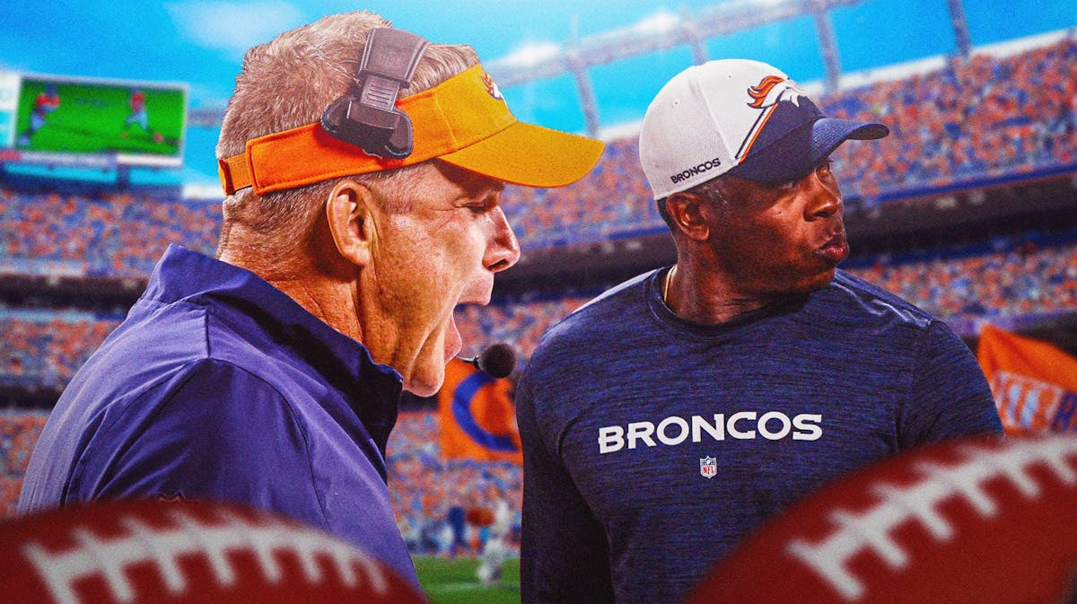 Sean Payton yelling next to Vance Joseph, both of them in Denver Broncos gear